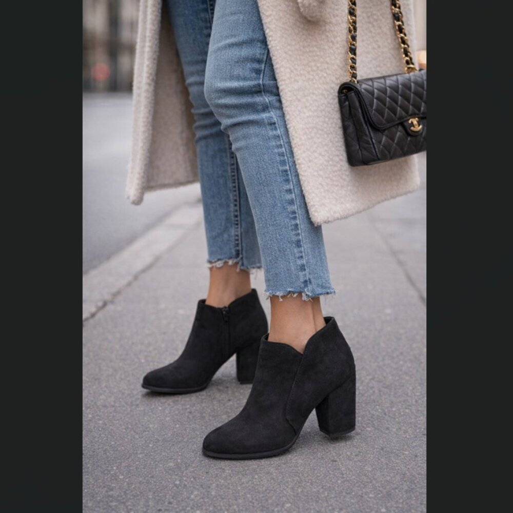 Black Suede Ankle Booties - Classic Women's Heeled Boot